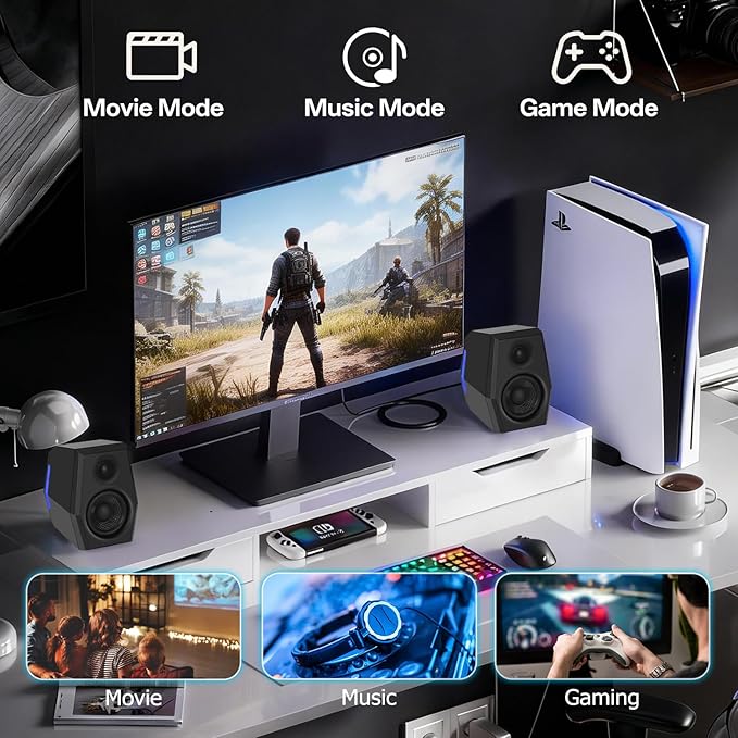 Sanyun SW209 36W Immersive Gaming Speakers with DSP 3 Sound Modes 24bit USB DAC &amp Bluetooth 5.2 2.0 RGB PC Multimedia Speakers for Desktop Monitor Laptop (Game/Movie/Music Black)