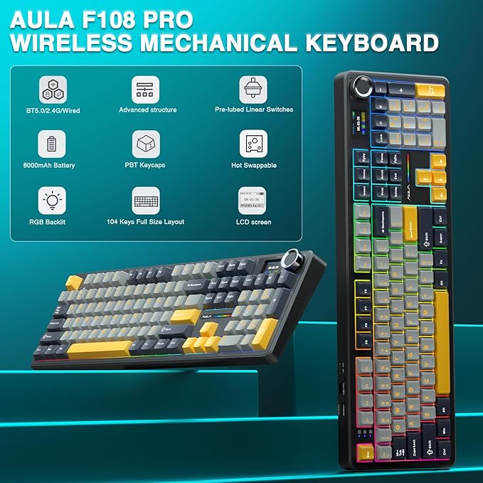 AULA F108 PRO - Wireless Mechanical Keyboard with Screen&ampKnobHot Swappable Gaming Keyboard with 8000mAh BatteryPre-lubed SwitchesRGB BacklitPBT Keycaps Creamy Sounding Computer Keyboards104 K