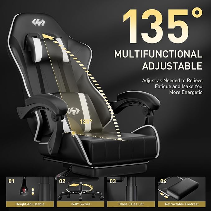 HLDIRECT Gaming Chair Ergonomic Computer Office Chair with Lumbar Support Footrest Headrest PU Leather 360° Swivel Adjustable Height Metal Frame 200 lbs Capacity (Black&ampWhite)