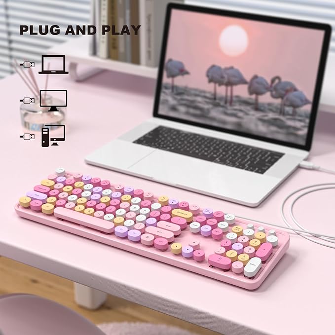 Colorful Computer Keyboards Wired USB Plug and Play Full Size Typewriter Keyboard Cute Aesthetic Keyboard with Foldable Stands for Windows PC Laptop (Pink)