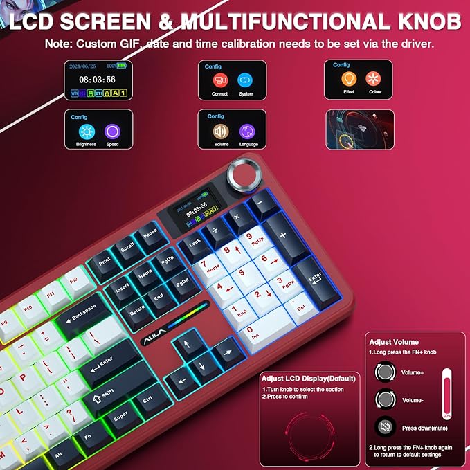 AULA F108 PRO - Wireless Mechanical Keyboard with Screen&ampKnobHot Swappable Gaming Keyboard with 8000mAh BatteryPre-lubed SwitchesRGB BacklitPBT Keycaps Creamy Sounding Computer Keyboards104 K