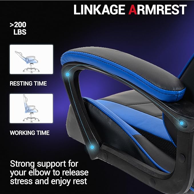 Gaming Chair PU Leather Massage PC Video Game Chair with Lumbar Support for Men Women Home Office Height Adjustable Ergonomic High Back Blue