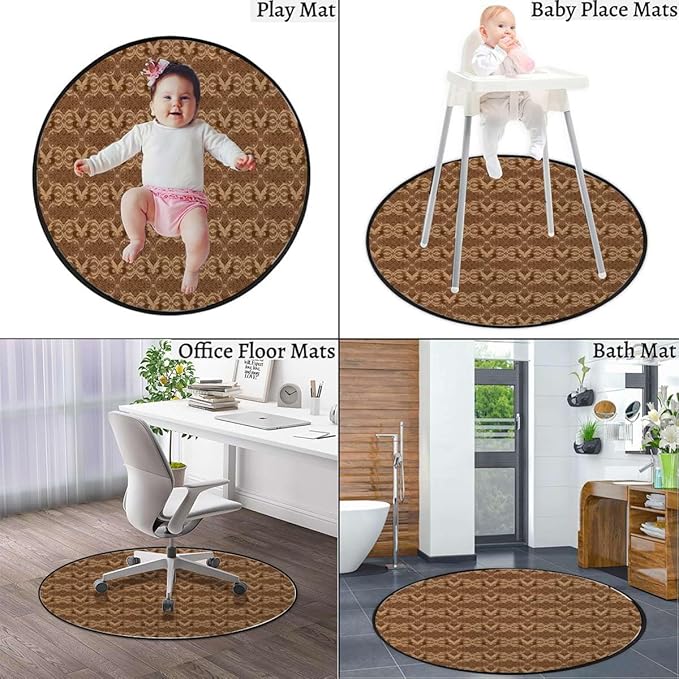 Brown Tan Round Floor Mats for Office Chair Under Computer Desk Floor Protector for Rolling Chairs Non Slip Anti Scratches Eastern Culture Ornamental Floral Design Diameter 51 in