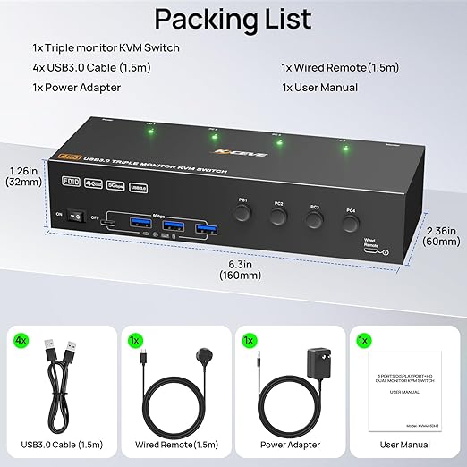 KVM Switch 3 Monitors 4 Computers 4K@60HzEDID SimulationUSB 3.0 HDMI Displayport KVM Switch Triple Monitor for 4 PC Share 3 Monitors and Keyboard Mouse Printerwith Wired Remote and 4 USB Cables