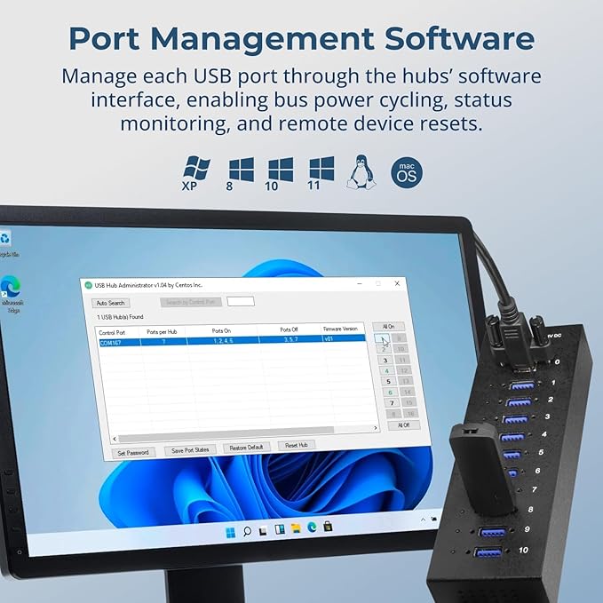 Coolgear Industrial 10 Port USB Hub with Advanced Port Management for Remote Control &amp Versatility 5 Gbps Speed ESD Protection Per Port Secure Screw Lock Surface &amp DIN Mounting