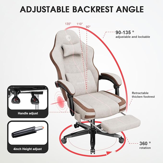 Gaming Chair Fabric Computer Office Chair with Massage Ergonomic Chair with Footrest Lumbar Support Pocket Spring Widened Cushion Metal Legs 350LBS Beige