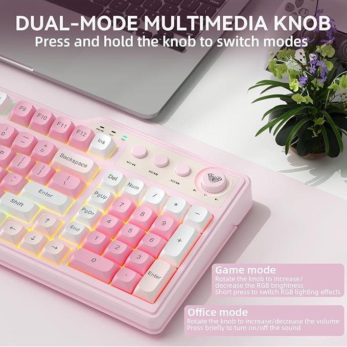 Aula F3099 Wireless Keyboard with Media Knob Tri-Mode BT5.0/2.4GHz/USB-C Cute Creamy Keyboard with Number Pad RGB Backlit Gaming Keyboard Quiet Typing Pink Computer Keyboards for Office Laptop/PC
