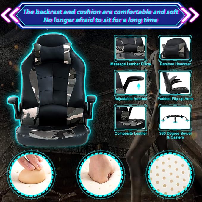 Gaming Chair Ergonomic Home Office Video Game Chairs Massage PU Leather Computer Chair Adjustable Swivel Chairs with Lumbar Support Headrest Camo