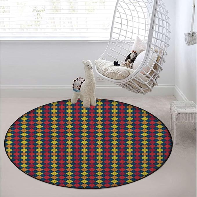 Multicolor Round Area RugsIndoor Throw Runner Circle Rug Entryway Doormat Floor Carpet Pad Yoga Mat for Bedroom Living Room Squares Dotted Lines Colors Checkered Diameter 59 in
