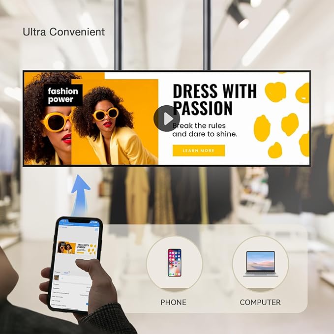 43 Ultra-Wide Commercial Bar Monitor – Slim 1.02 Frameless Design 1000nits Brightness Android OS USB/HDMI/WiFi Ideal for Digital Menus Remote Multi-Device Management