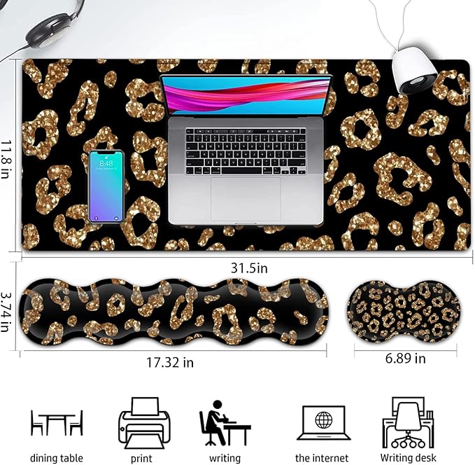 Gaming Mouse Pad and Keyboard Wrist Rest Large Extended Mouse Pad 31.5X 11.8Ergonomic Memory Foam Wrist Rest +Desk Mat Protectorfor Office/Home Writing Pad Gold Glitter Leopard Black Mousepad