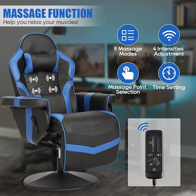 Gaming Chair Reclining Gaming Chair with Footrest PU Leather Game Chair Recliner with Massage Swivel Recliner Gaming Chairs for Adults with Cup Holder Lumbar Support Side Pouch (Blue)