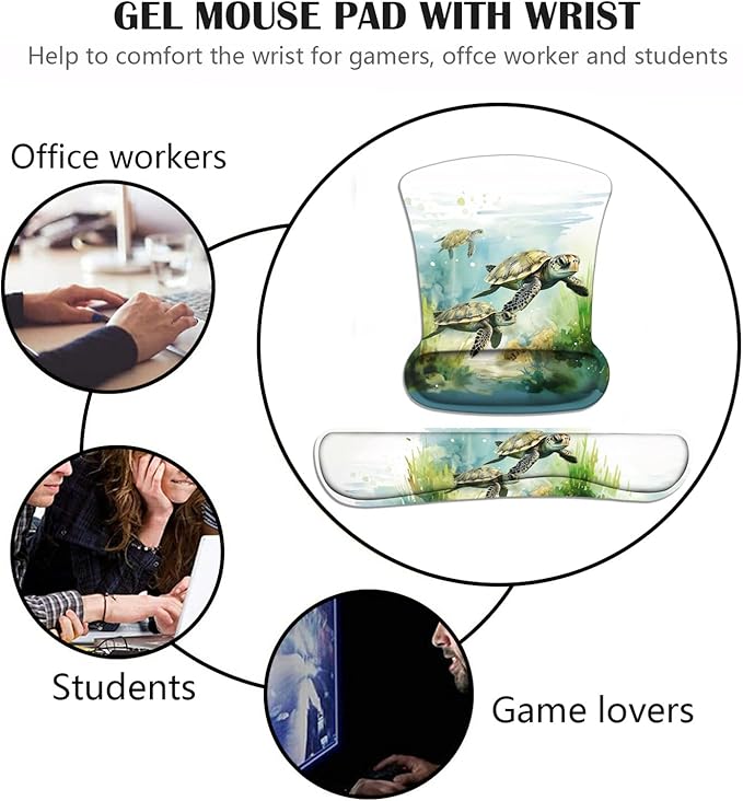 Keyboard Wrist Rest and Mouse Pad Wrist Support Set with Coasters Non-Slip PU Base Ergonomic Gaming Mousepad for Home Office Working Studying Easy Typing &amp Pain Relief Sea Turtle