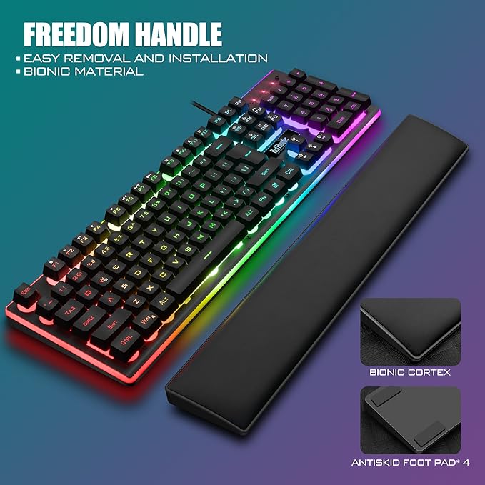 RedThunder K10 Wired Gaming Keyboard and Mouse and Wrist Rest Combo RGB Backlit Mechanical Feel Anti-ghosting Keyboard + 7D 7200 DPI Mice+Soft Leather Wrist Rest 3 in 1 PC Gamer Accessories(Black)