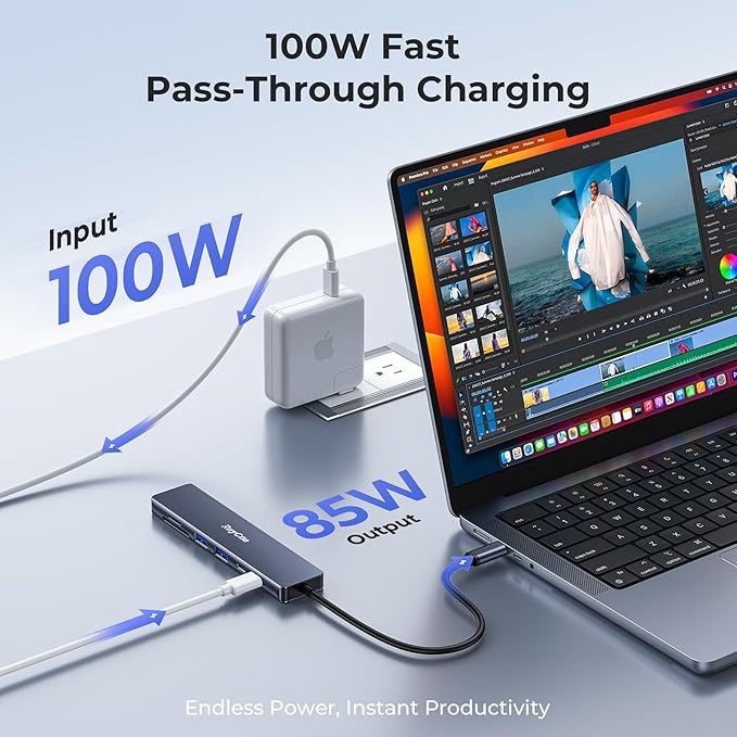 USB C Hub RayCue 7 in 1 USB C to HDMI Splitter 2 USB 3.1 GEN1 and 5Gbps Type-C Data Port 4K HDMI Port PD 100W Charging SD Card Reader for iPad Pro MacBook Pro Laptops and More