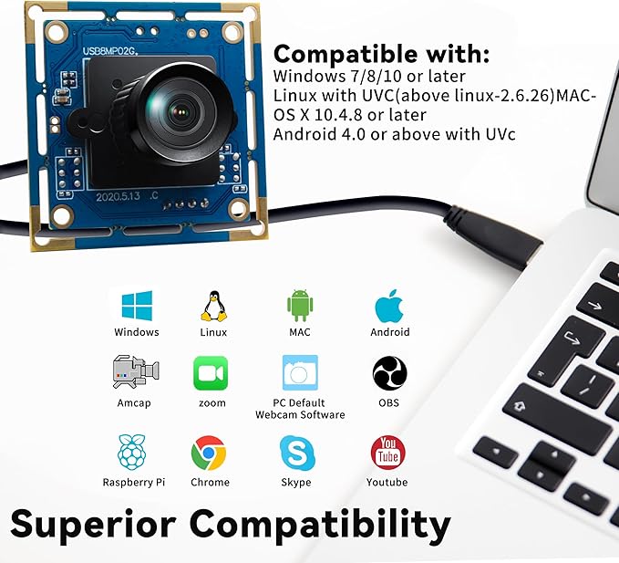 USB Camera Module 8MP No Distortion 75 Degree Lens Full HD 2448P WebcamUVC Compliant Webcam for Windows/Linux/MacEmbedded Camera for IndustrialRobot3D Printer
