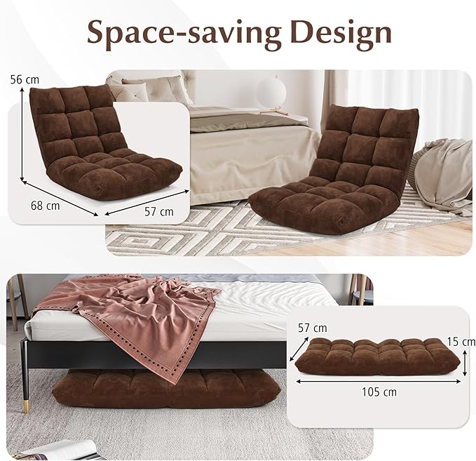 RELAX4LIFE Floor Chair with Back Support - 14-Position Adjustable Lazy Sofa Chair Padded Sleeper Bed &amp Couch Recliner for Reading Meditation Folding Floor Gaming Chair for Adults (Brown)