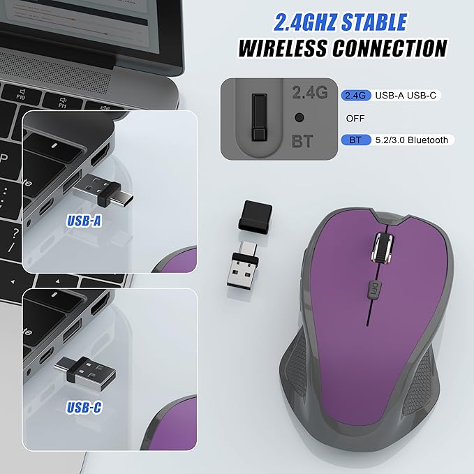 Bluetooth Wireless Mouse 2.4G Rechargeable Computer Mouse for MacBook Air iPad Pro PC with Jiggler Mode 3 DPI Levels &amp Forward/Back Buttons Laptop Mice for Office/Home/School - Red
