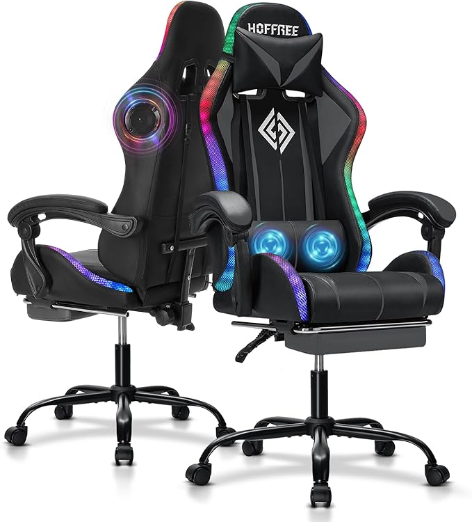 Gaming Chair with Bluetooth Speakers and LED RGB Lights Ergonomic Massage Computer Gaming Chair with Footrest High Back Music Video Game Chair with Lumbar Support Grey and Black