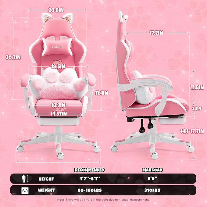 Gaming Chair Cute Cat Computer Chair with Footrest and Headrest Ergonomic Gaming Office Desk Chair with Lumbar Cushion Height Adjustable 360° Swivel Recling Chairs for Adults