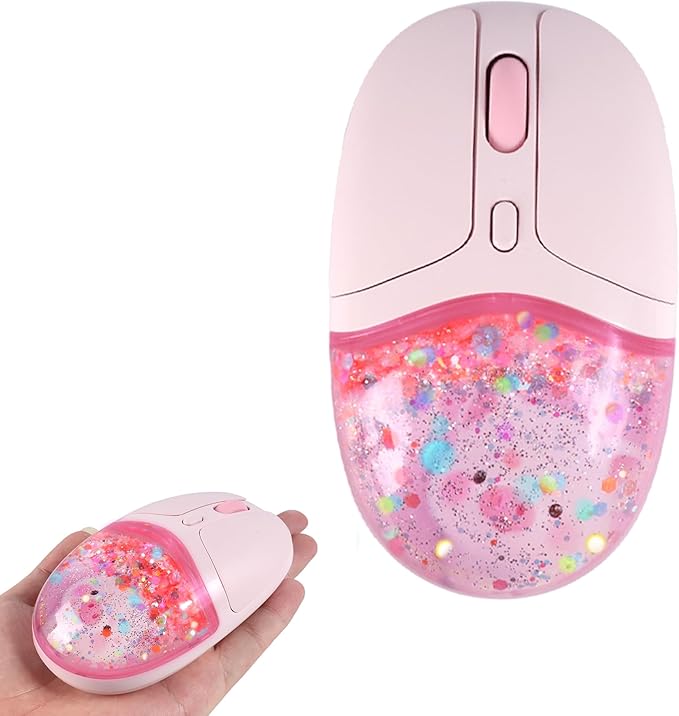 Wireless Mouse with Liquid Quicksand Sequins 2.4GHz &amp Bluetooth Dual Mode Rechargeable Silent Cute Aqua Mouse with LED Light Portable Water Mice for Laptop PC Tablet MacBook Kids Adults Gift (Pink