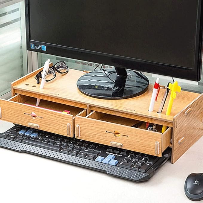 Simple Desktop Computer Monitor Laptop Heightening Base Bracket Office Storage Rack Screen Riser with Drawer and Phone Holder-Computer(D)