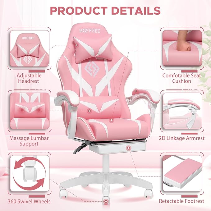 HOFFREE Pink Gaming Chair for Girls with Massage Computer Gamer Chair with Footrest and Lumbar Support Reclining PC Game Chair with Headrest for Gaming Room