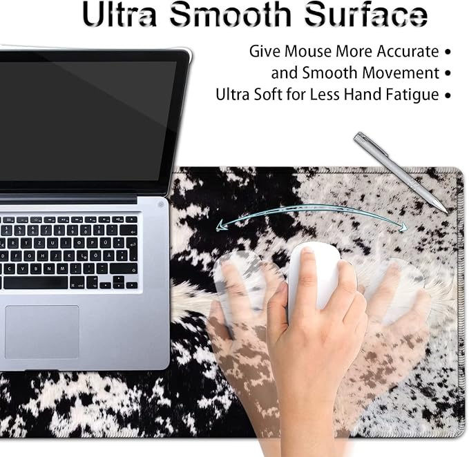 Desk Pad Keyboard Mouse Pad Set Extended Gaming Mouse Pad+ Ergonomics Memory Foam Wrist Rest Support 31.5x15.7in Large Mouse Pad with Stitched Edges Cute Black White Cowhide Fur XXL Mouse Mat