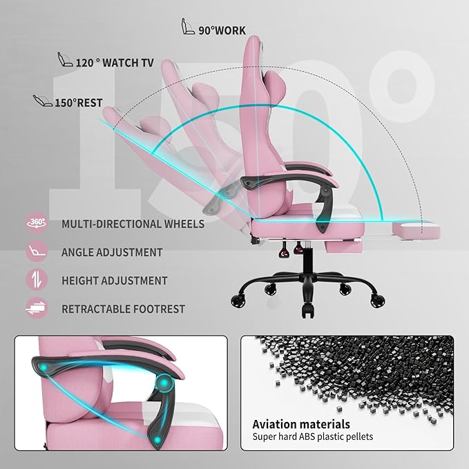 Gaming Chair with FootrestFabric Computer Chair with Pocket Spring CushionHigh Back Comfortable Ergonomic Office Chairs with Lumbar SupportHeight Adjustable Gamer Chair for AdultsPink