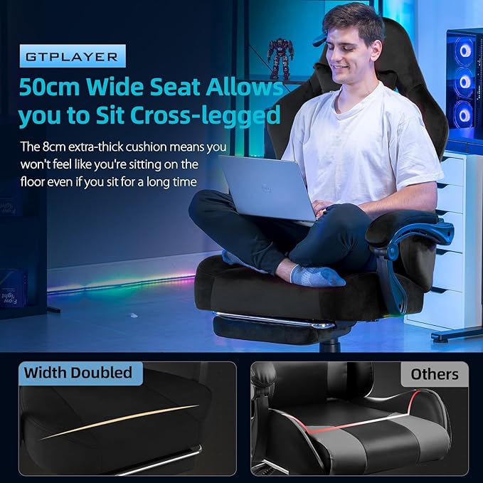 GTPLAYER Gaming Chair Fabric with Pocket Spring Cushion Big and Tall Gamings Chairs 350LBS High Back Computer Chair with Footrest for Adults Lumbar Support Swivel Game Chair for Office Light Black