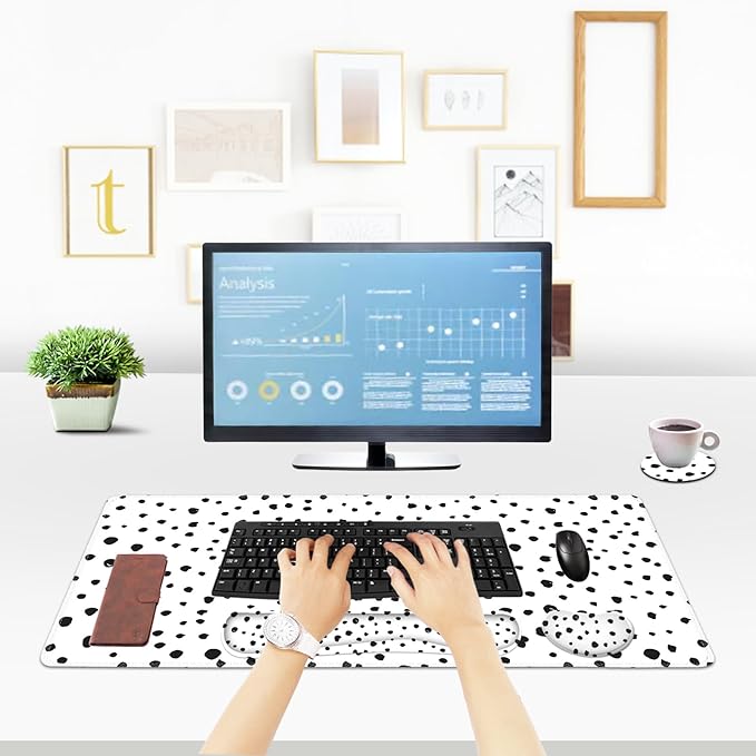 ToLuLu Extended Gaming Mouse Pad Memory Foam Ergonomic Keyboard Mouse Wrist Rest Support Set Large Desk Mat with Stitched Edges Non-Slip Base Mousepad for Home Office Game and Study Polka Dots