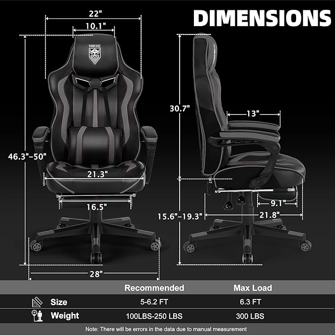 Vonesse Gaming Chair for Adults Reclining Gaming Chairs with Footrest and Massage Computer Gaming Chair for Heavy PeopleErgonomic Gamer Chair Big and Tall (Black/Gray)