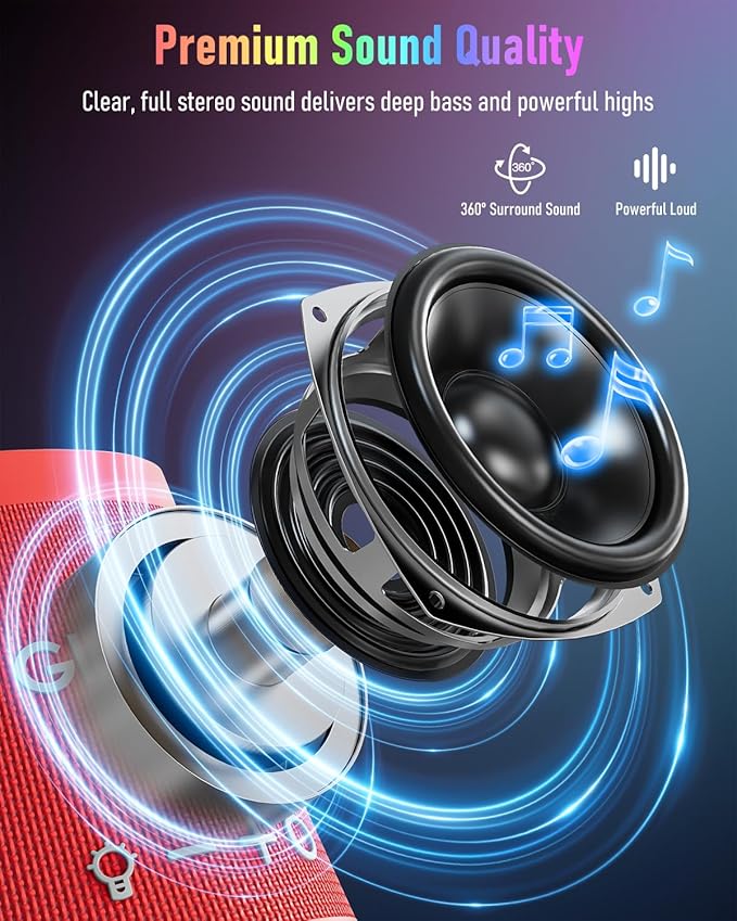 Portable Bluetooth Speaker Wireless with 9 Color Lights 20H Playtime Stereo Pairing Deep Bass IPX6 Waterproof Bluetooth 5.3 Small Speaker for Home Party Outdoor Camping Beach Gift