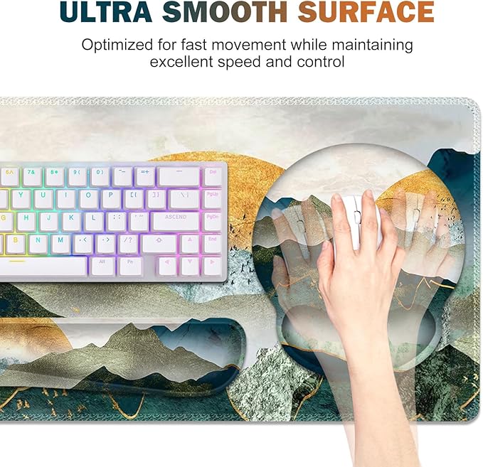Gaming Mouse Pad Large Desk Mat Cute Desk Pad Protector 4in1 XXL Mousepad +Keyboard Wrist Rest+Mouse Wrist Rest+Coaster Set with Ergonomic Desk Pad for Home Office Table Computer Green Mountain