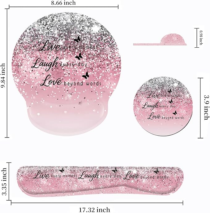 Keyboard Wrist Rest and Mouse Pad Wrist Support Set with CoastersErgonomic Gaming Mousepad for Home Office Working Studying Easy Typing &amp Pain ReliefLive Love Laugh Quote Pink Sparkle Glitter