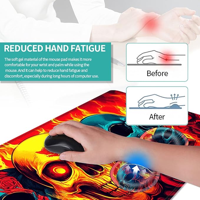 Keyboard Mouse Pad Set Extended Gaming Mouse Pad+Ergonomics Keyboard Wrist Rest Support Memory Foam Easy Typing Pain Relief 4Pcs XL Ultra Thick Desk MatFlaming Skulls and Roses