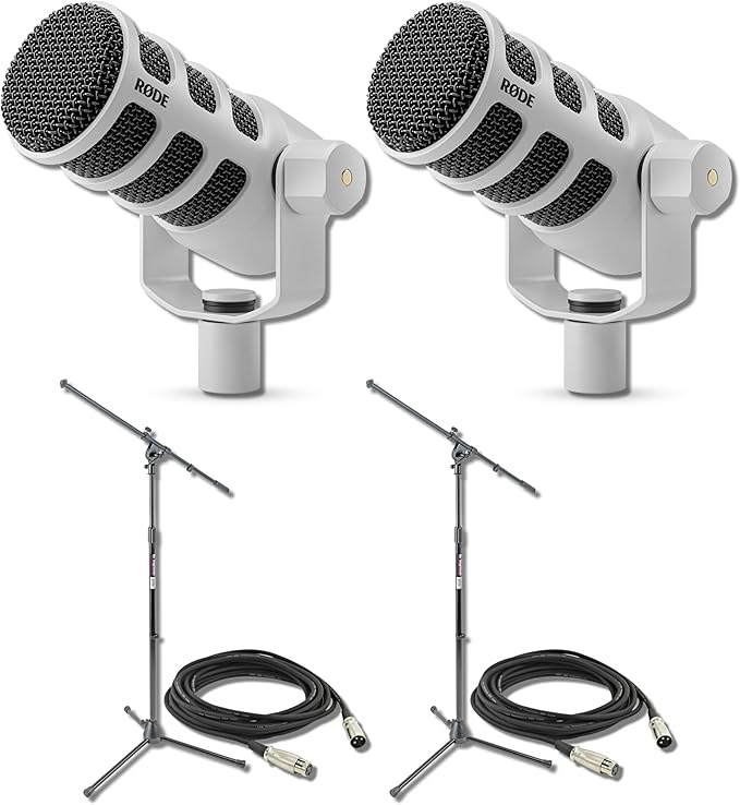 Rode PodMic White (Pair) Cardioid Dynamic Broadcast Microphones with 2X On-Stage MS7701B Boom Microphone Stands and 2X XLR Cables
