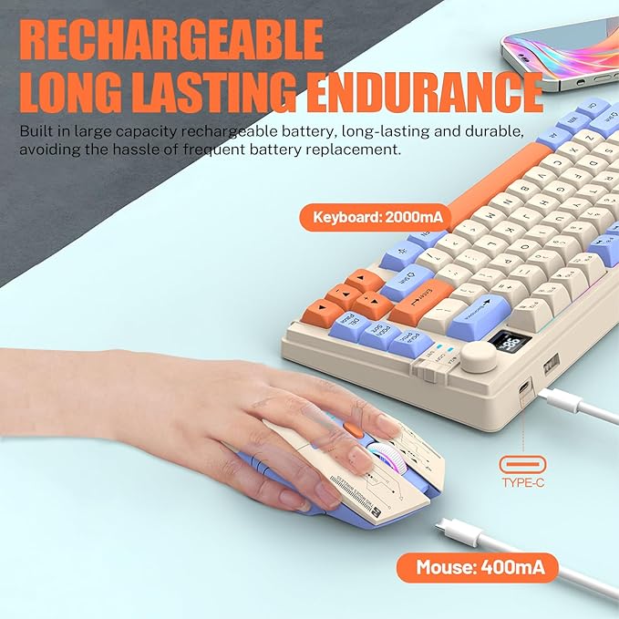 75 ％ Wireless Gaming Keyboard and Mouse Combo Tri-Mode BT5.0/2.4GHz/USB-C RGB Backlit Keyboard + 3D 1600DPI Mice 2000mAh Battery 80 Keys Knob Volume Control (Blue)
