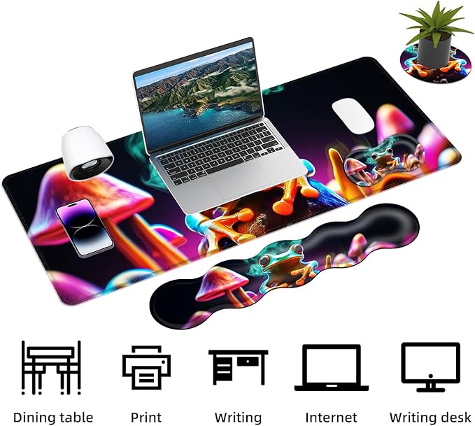Keyboard Mouse Pad Set Extended Gaming Mouse Pad+Ergonomics Keyboard Wrist Rest Support Memory Foam Easy Typing Pain Relief 4Pcs XL Ultra Thick Desk MatPsychedelic Frog Mushroom