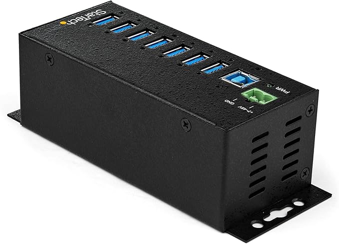 StarTech.com 7-Port USB 3.0 Hub with Power Adapter - Metal Industrial USB-A Hub with ESD &amp 350W Surge Protection - Din/Wall/Desk Mountable - High Speed USB 3.0 (5Gbps) - Hub  TAA (HB30A7AME)