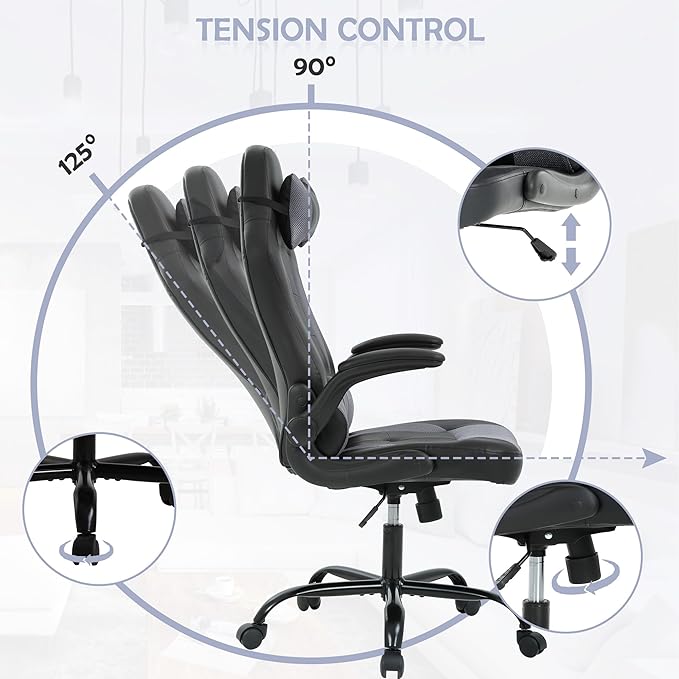 High Back PU Leather Office Gaming Chair Comfortable Big and Tall Height Adjustable Heavy Duty Racing Chair with Headrest &amp Lumbar Support (Grey)
