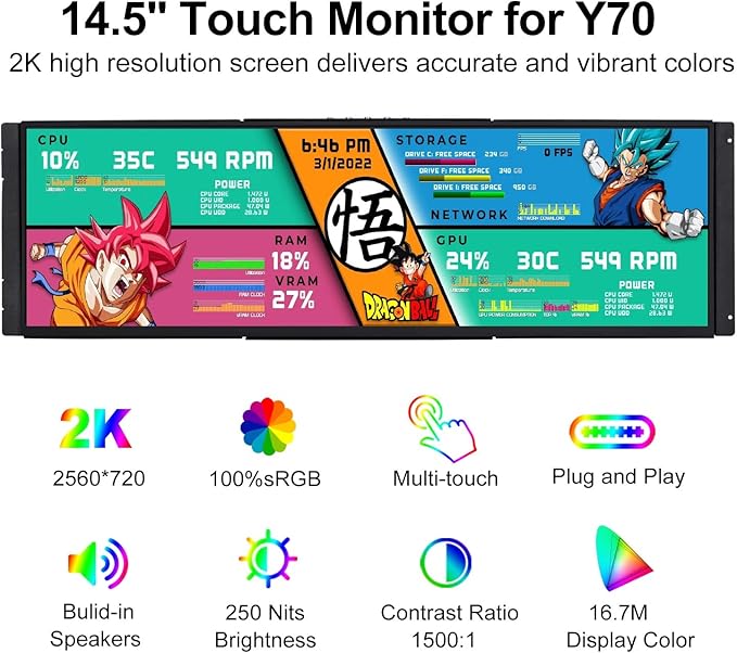14.5 Inch LCD Touchscreen Monitor for Hyte Y70 2K 2560x720 IPS Display HDMI USB C for Windows Aida64 CPU GPU Temperature Monitoring