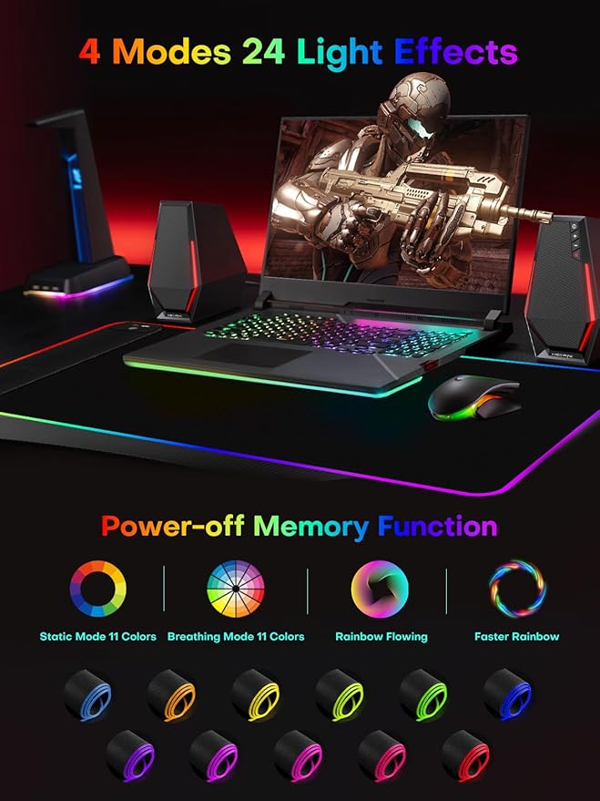 2-in-1 RGB Gaming Mouse Pad with Wireless Charging 31.5x11.8 Large 24 Light Effects Non-Slip Base Waterproof Ultra-Smooth Surface No Adapter