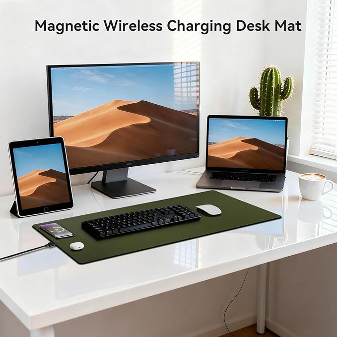 Wireless Charging Mouse Pad 15W Fast Charge Magnetic Charger Desk Pad Large Office Desk Mat (35.4x16.9) with Ultra-Smooth Surface Military Green Computer Mousepad for MacBook PC Laptop