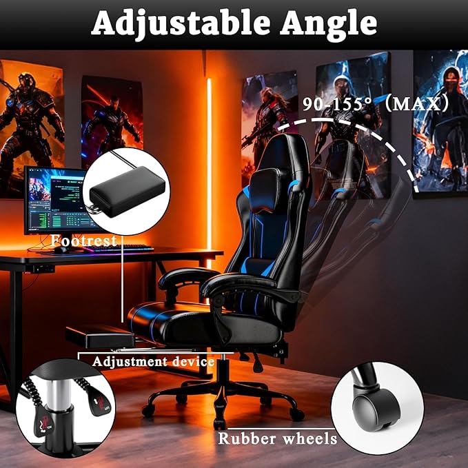 Ergonomic Gaming Chair Video Game Chair with Pocket Spring Cushion and Footrest Height Adjustable Computer Chair with Swivel Seat and Headrest (Blue)
