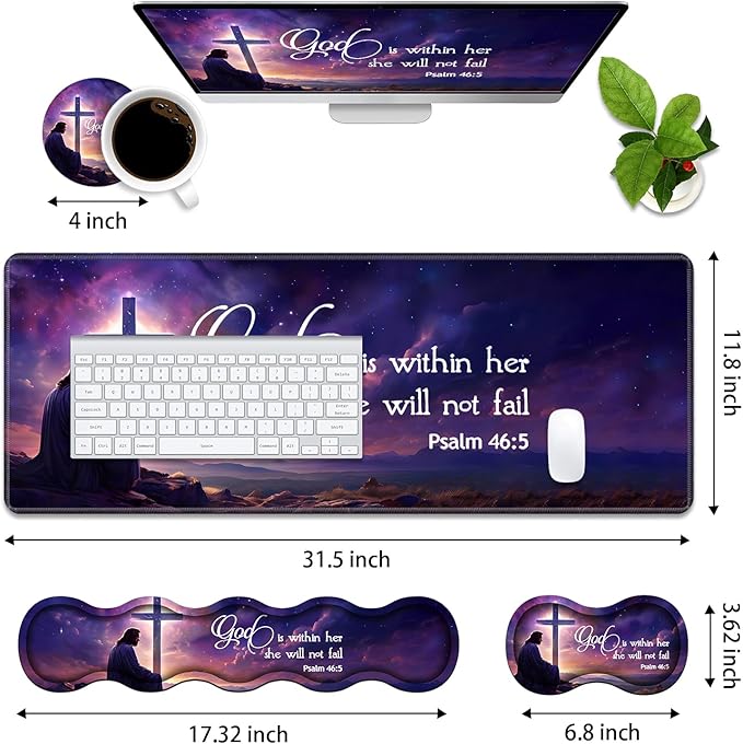 Ergonomic Memory Foam Mouse Pad Wrist Rest Set Large Gaming Desk Pad + Keyboard Wrist Rest + Mouse Wrist Cushion + Coaster for Home Office Study Gaming Christian Cross Quote Bible Verse Psalm 46:5