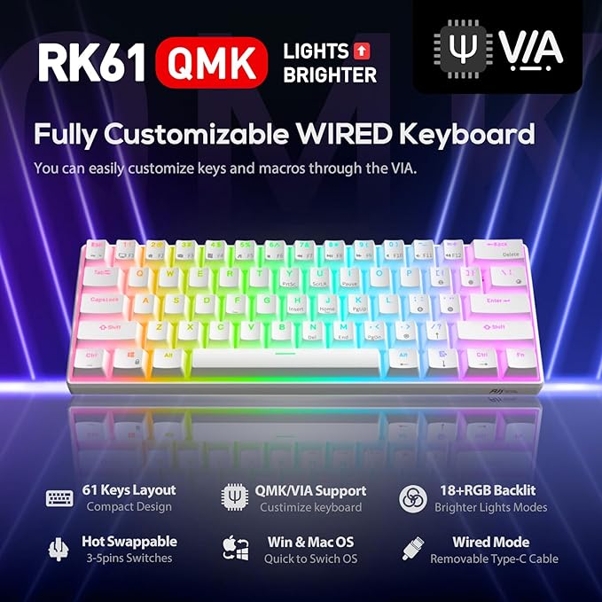 RK ROYAL KLUDGE RK61 60% Gaming Keyboard Wired RGB Mechanical Keyboard with No-Conflict 61 Keys Hot Swappable PC Game Keyboards for Windows Mac Quiet Red Switch-White