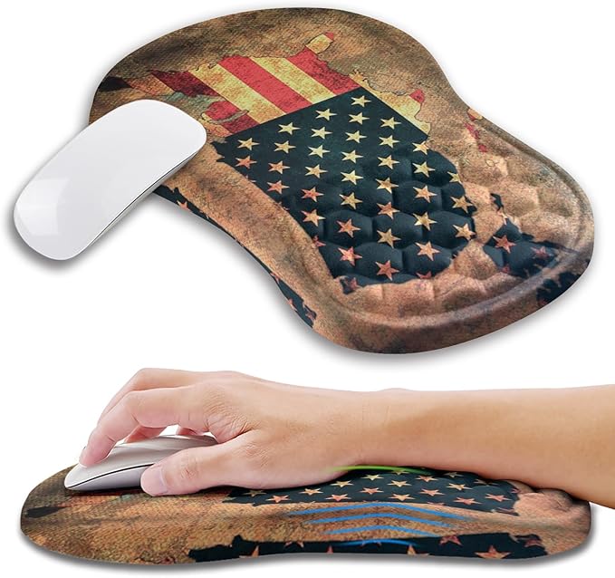 Ergonomic Mouse Pad Wrist Support with Memory Foam Massage Bulge Carpal Tunnel Pain Relief Mousepad Wrist Rest for Mouse(12x8 inch USA Flag Map)