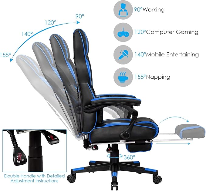 POWERSTONE Gaming Chair Adjustable High Back PU Computer Chair with Footrest Massage Lumbar Support Headrest Thick Armrest Rolling Swivel Desk Chair Navy Blue