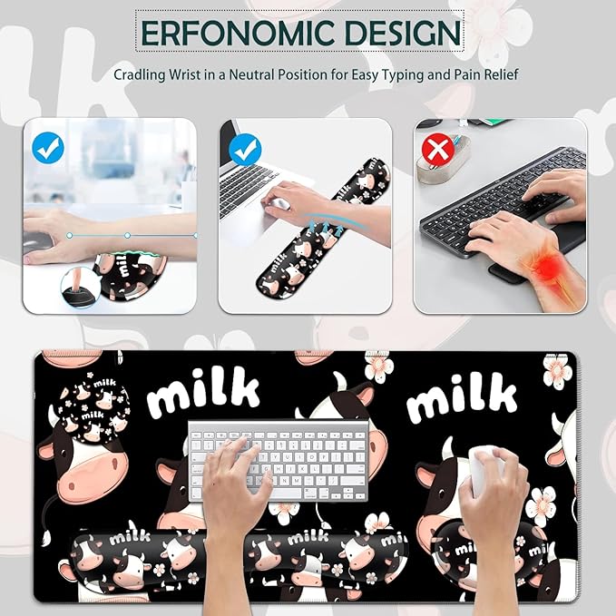 JVGFYNKL Large Gaming Mouse Pad Set Ergonomic Memory Foam Keyboard Wrist Rest Support + Mouse Wrist Rest + Extended Desk Mat with Non-Slip Rubber Base Cute Milk Cow Pattern Black Desk Pad